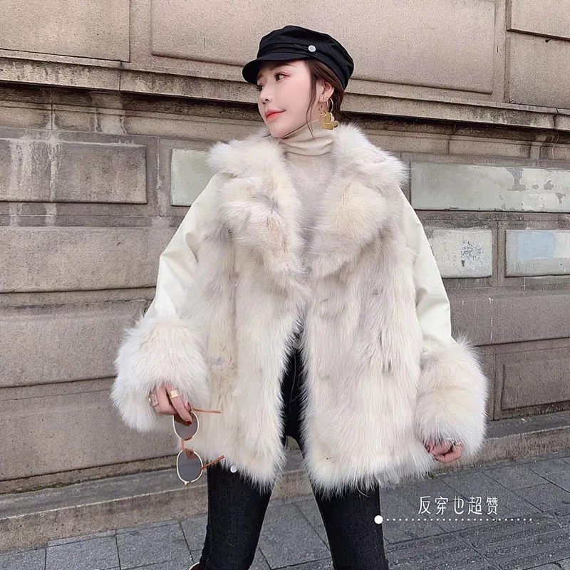 

coat fur parka real winter 2021 new fashion thick warm natural fox fur jacket turn-down collar outerwear Both sides to wear