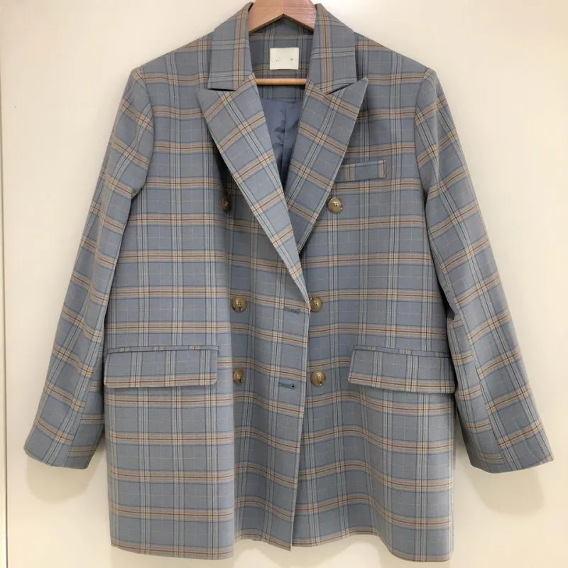2 цвета 2019 праздничный стиль синий клетчатый блейзер для женщин двойная кнопка