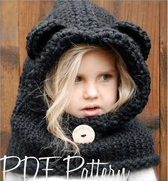 Manual Knitting Girls Keep Warm Coarse Wool Hat Cartoon Seven kinds Fox Weave Hat Kitty Squirrel Little Bear Rabbit Cloak Hat - Цвет: Black Bear