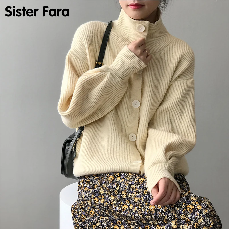

Женский однотонный кардиган Sister Fara, свободный Однотонный свитер с высоким воротником, офисный Топ для осени и весны