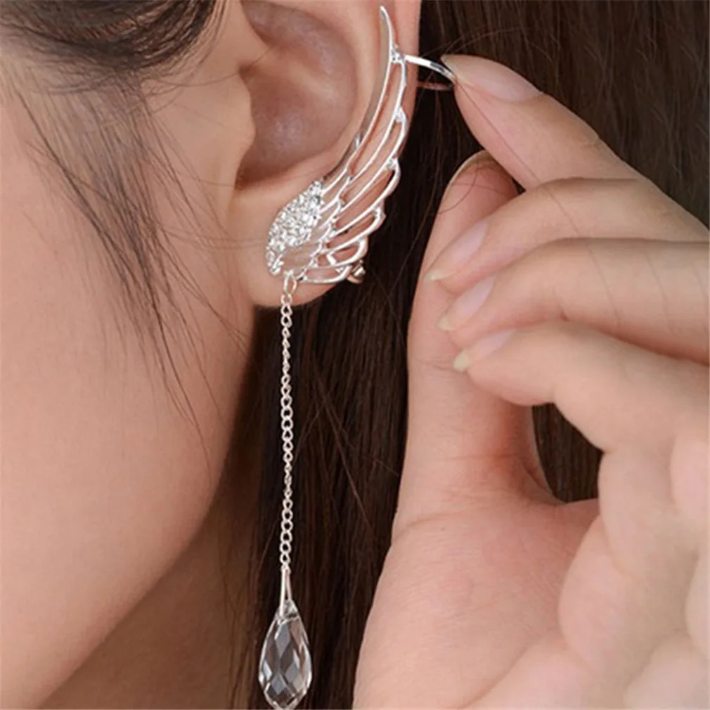 

2021 New Silver Plated Angel Wing Stylist Crystal Earrings Drop Dangle Ear Stud For Women Long Cuff Earring Bohemia Jewelrys