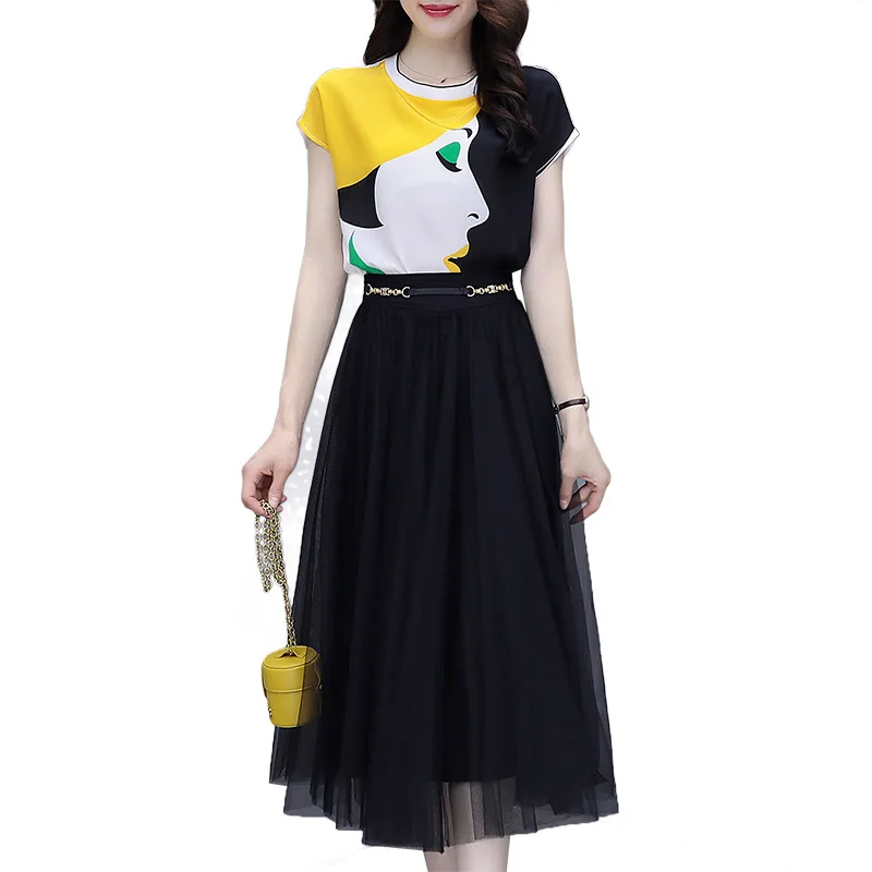 

Summer New Style Short Sleeved Character Silk Printed Shirt Tops + Mesh High Waist Black Skirt Fashion Women Two-Piece Sets