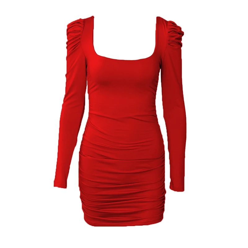 

Women's Sexy Low-cut Halter Party Dress 2021 Summer New Bag Hip Fold Short Skirt Fashion Pile Shoulder Long Sleeve Dress Women