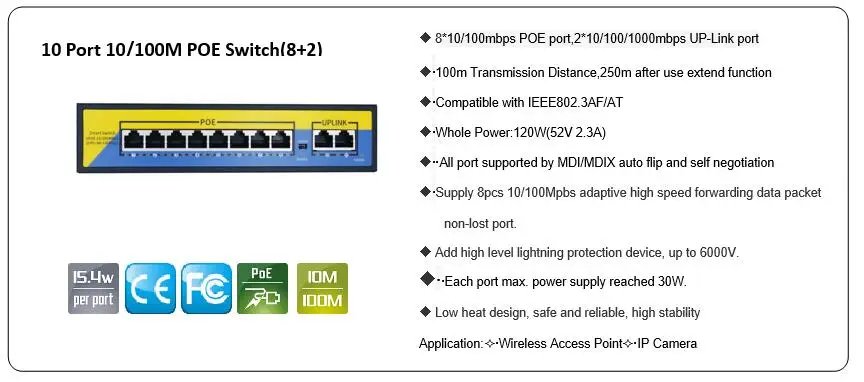 KuWFi 10 портовый коммутатор PoE, 2 порта UpLink, 802.3af/at, 120 Вт Встроенная Мощность, Vlan до 250 м, металлический сетевой коммутатор Plug& Play