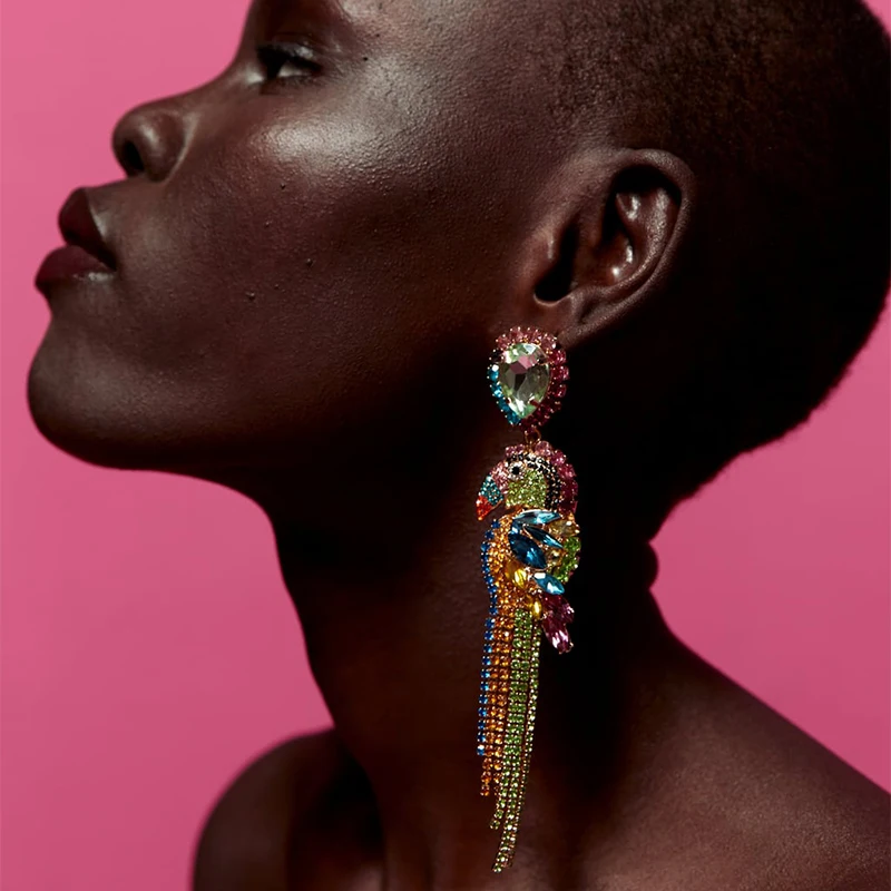

Long Colorful Rhinestone Parrot Shape Crystal Taseel Earrings for Women Exaggerated Bohemian Shiny Dangle Earrings 3C3008