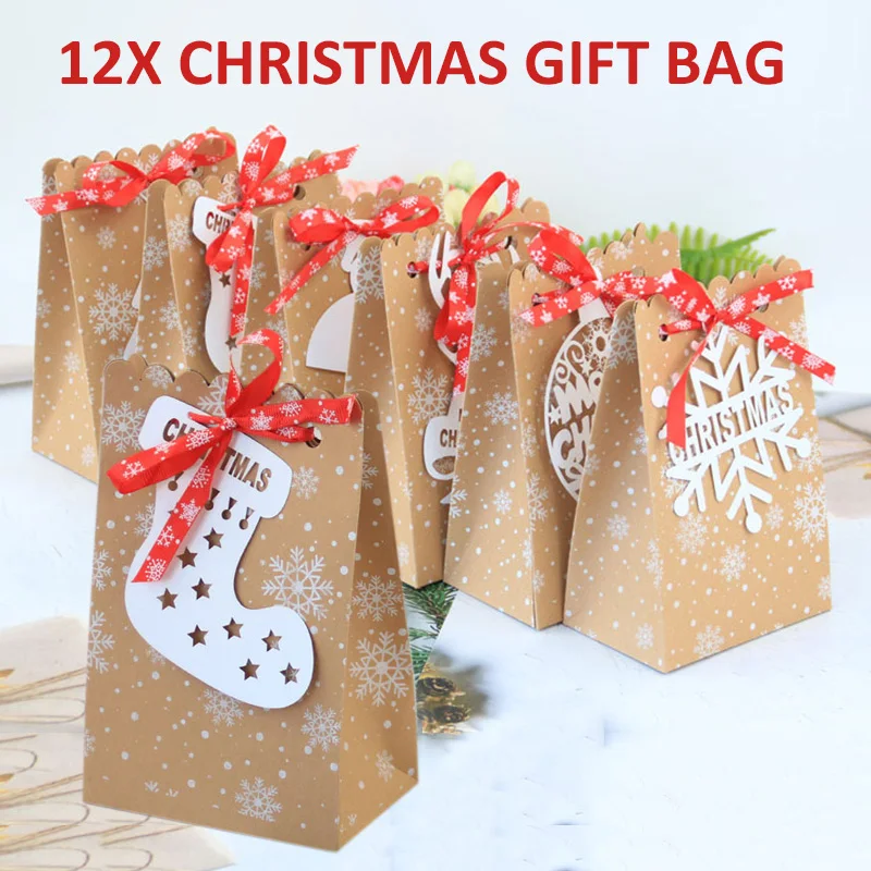 

12 шт., Новогодний подарочный пакет из крафт-бумаги