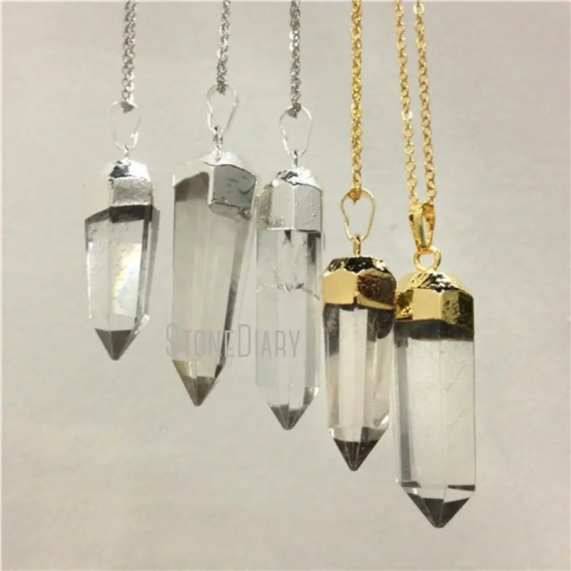 NM24625 5pcs/lot  Raw Clear Quartz Crystal Point Necklace Silver Or Gold Plated Hexagon Prism Necklace
