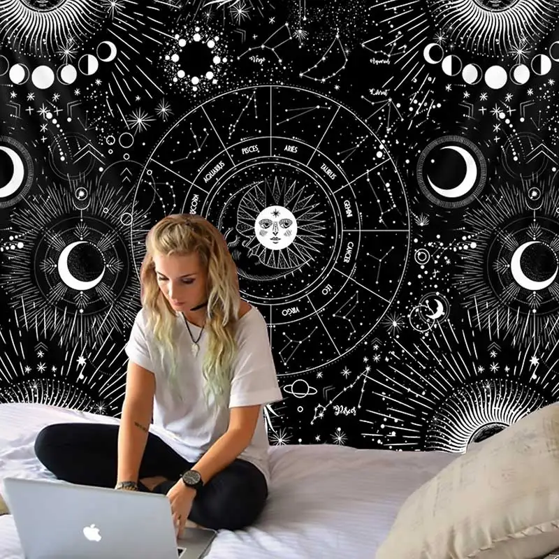 

Гобелен, белый, черный, солнце, луна, мандала, искусственная фантазия, астрологический гобелен, украшение для спальни, дивана