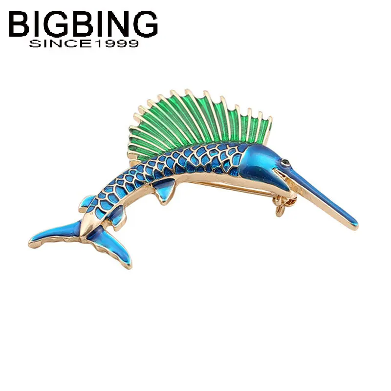 Q054 BIGBING модные ювелирные изделия Золотой Синий Зеленый Sailfish брошь модная для