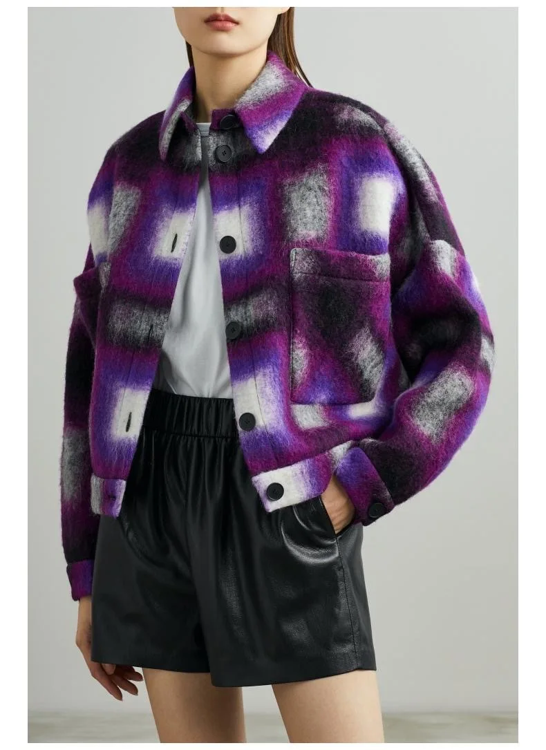 

Women Coats 2021 Fall New French Women Check Wool Blended Workwear Short Jacket