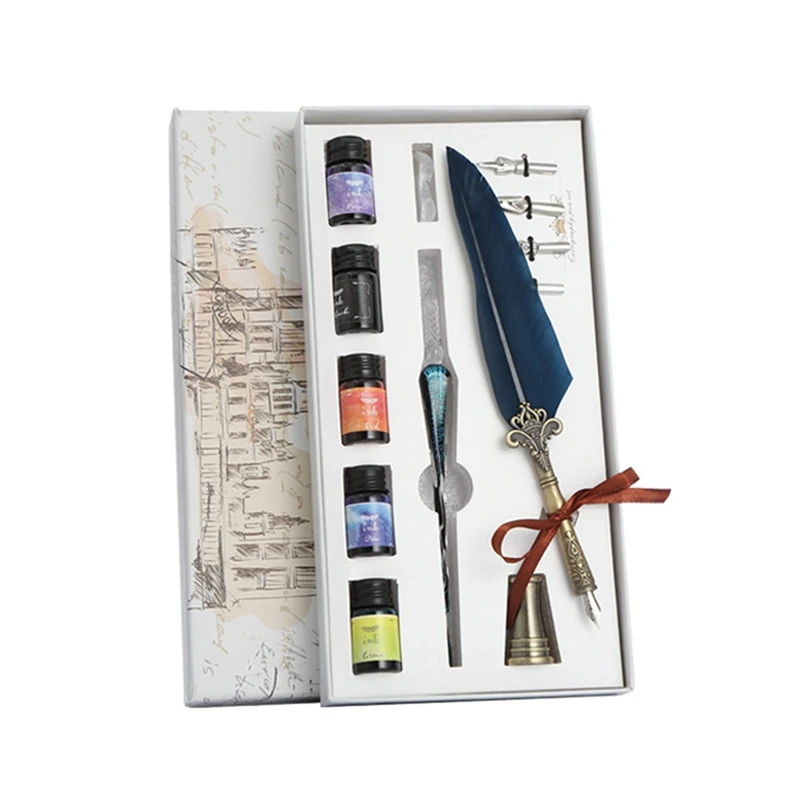 

Calligraphy Quill Feather Dip Pen Writing Ink Nibs Set Glass Dip Pen Kit with 5 Color Inks for Beginners Student