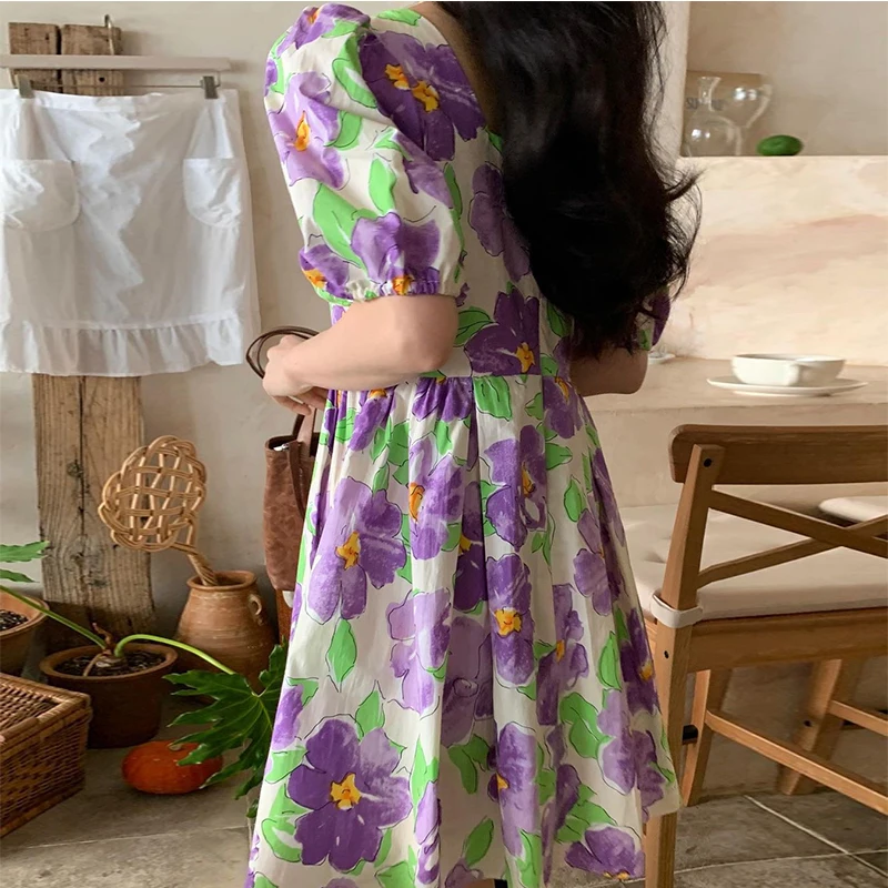 

2021 new square collar printed flower dress women
