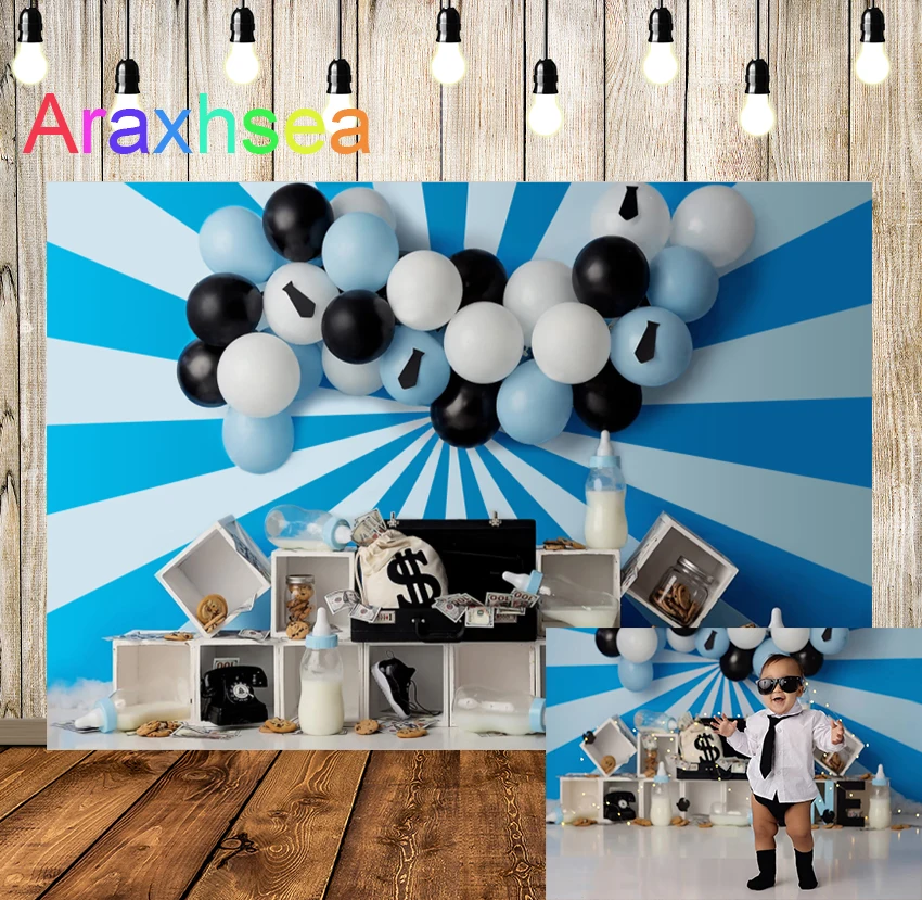 

Cookies Milk Ballons I'm A Boss Baby Photography Background Blue Boy Backdrops Children Birthday Party Photocall Photo Studio