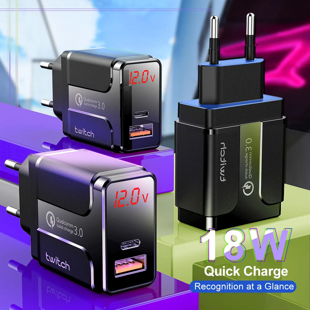 Twitch USB 3 0 зарядное устройство светодиодный дисплей QC PD Быстрая зарядка мобильный