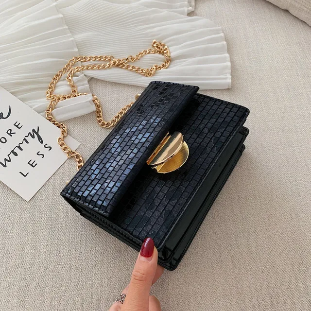 MP3022 Black PU Leather Crossbody Bags for Women Designer Chain Shoulder Messenger Bag Gold Silver Luxury Handbags Women Bags - Цвет: MP3022 Black
