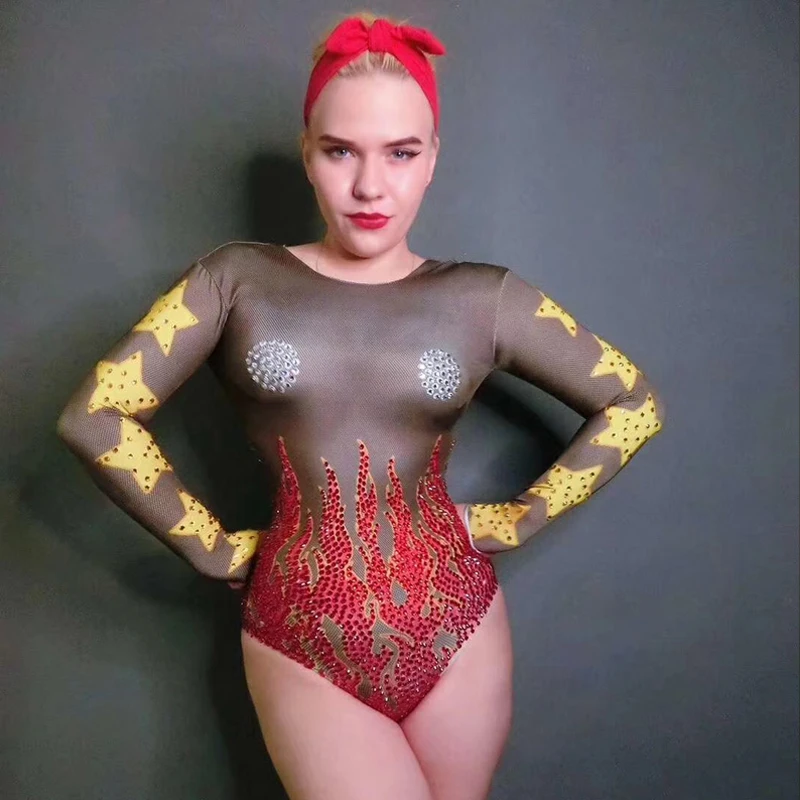 

Rompers Womens Jumpsuit Nightclub Dance Costume 2019 Party Rave Outfits Rhinestone Long Sleeve Singers Stage Costume VDB1001