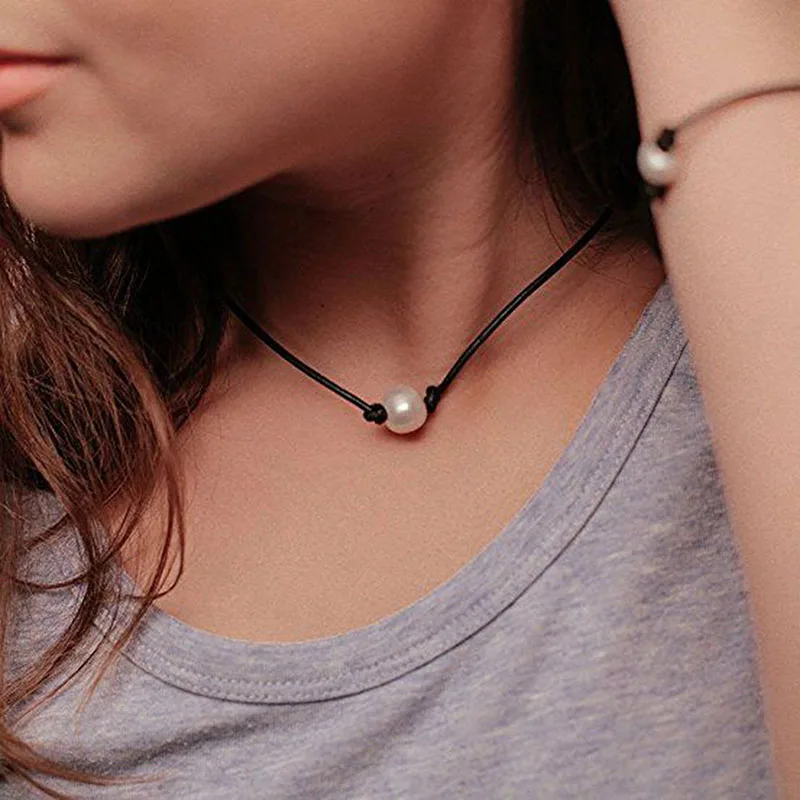 

Simple Black Beads Short Necklace Pearl Choker Necklace for Women Leather Jewelry Handmade Necklace Ladies Party Jewelry