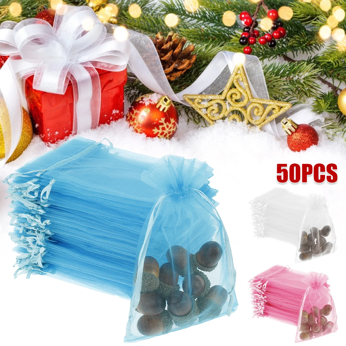 

50Pcs Small Organza Gift Bags Transparent Organza Drawstring Bags Candy Bags Jewelry Pouches For Christmas Party Wedding 10x15cm