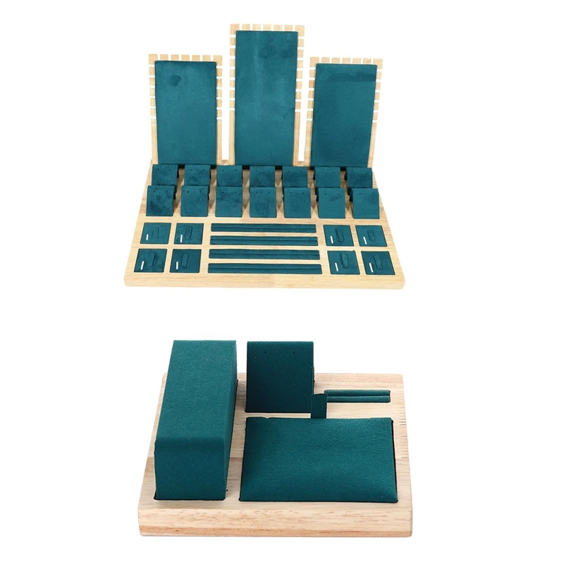 

European Style Jewelry Stand Flannel Leather Bamboo Wood & Bamboo Wood Jewelry Display Tray Jewelry Set Green