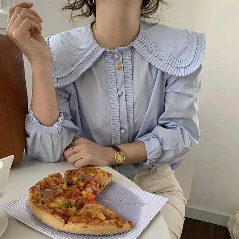 

Korean little fragrance gentle milk soft blue baby collar organ pleated design hem button loose bubble sleeve shirt girl