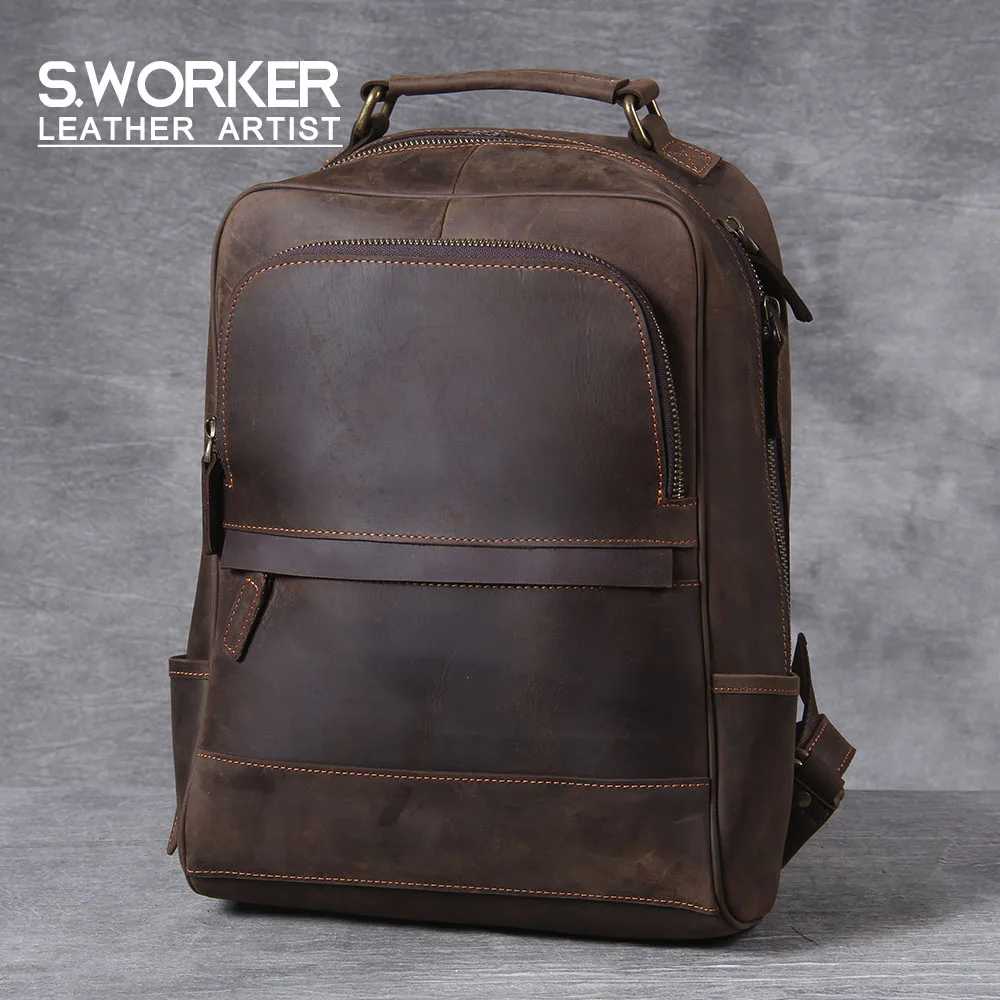 

S.WORKER 2020 New Genuine Cowhide Leather Backpack Men's Large Laptop Shoulder Bag Travel Classic Vintage Crazy Horse School Bag