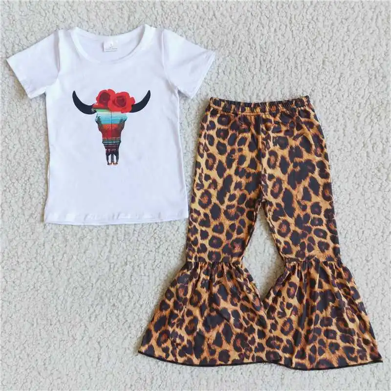 

Fashion Toddler Kid Clothes Bull head short sleeve shirt Leopard bell set spring fall baby Girls clothing Boutique children suit