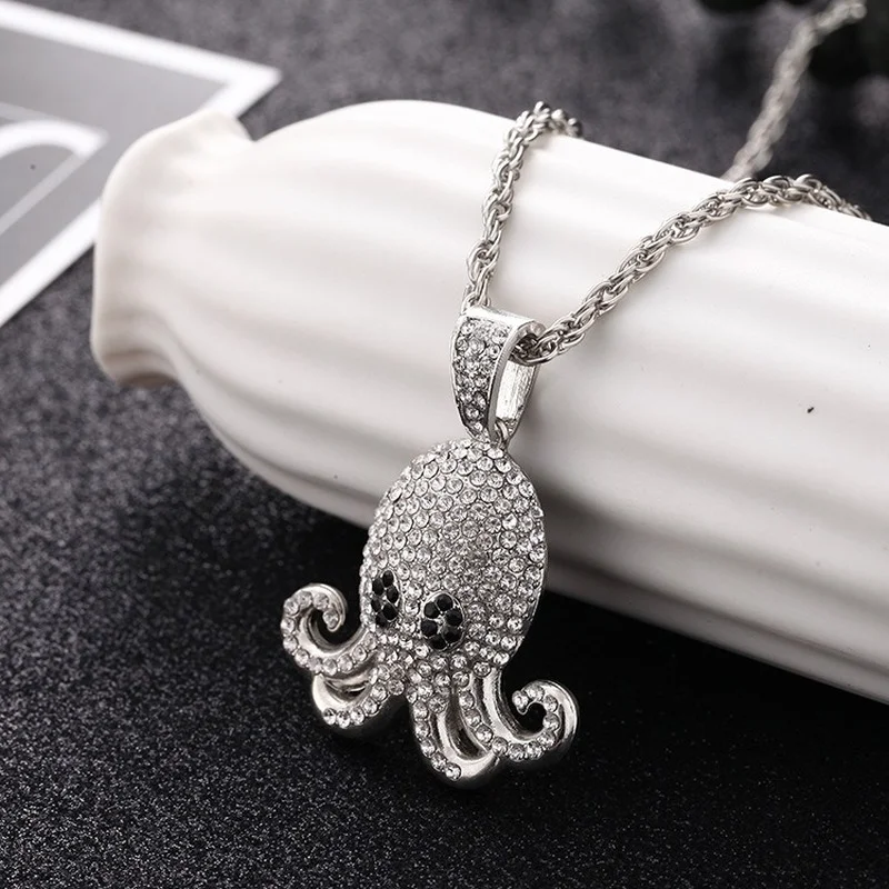 

New Hot Hip Hop Fashion Stainless Steel Necklace Octopus Inlaid Cubic Zirconia Pendant Party Jewelry Anniversary Gift