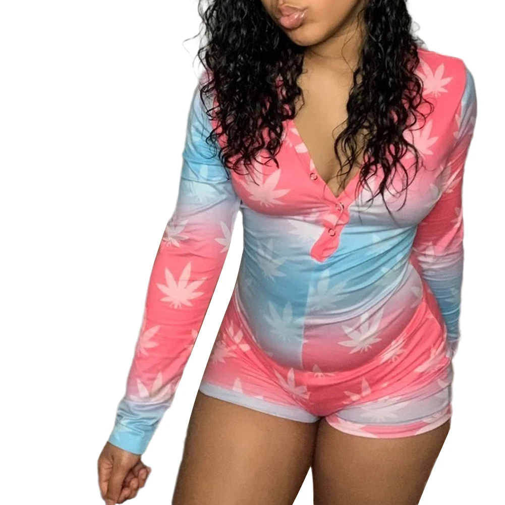 

Women Yes Daddy Printed Playsuit Leotard Sexy V-Neck Long Sleeve Bodycon Bodysuit Button Up Sleepwear Jumpsuit Shorts Rompers