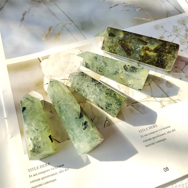 

Natural Stones Quartz Crystal Green Prehnite Wand Point Healing Reiki Gemstones Home Decoration