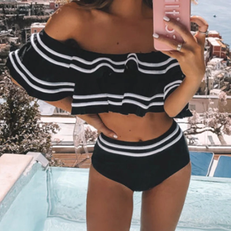 Купальник с открытыми плечами полосатый купальник Женский комплект бикини