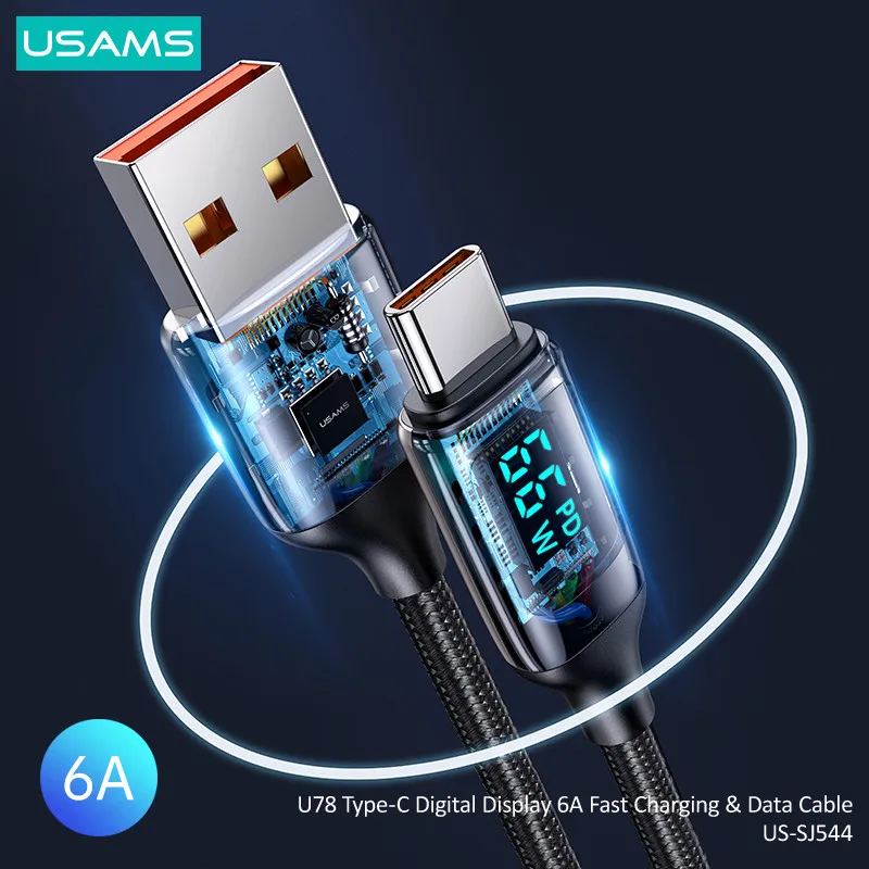 Кабель для быстрой зарядки USAMS 100 Вт 6 А со светодиодным дисплеем USB A C на Type