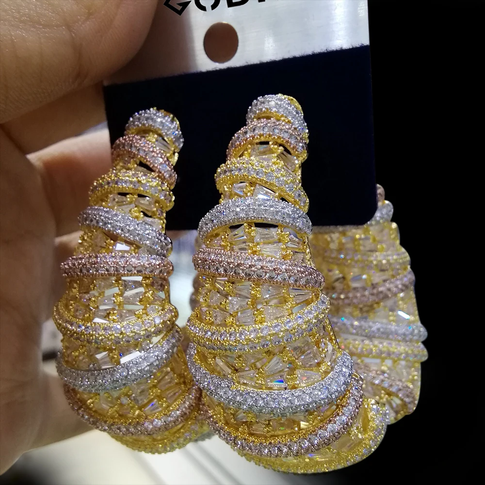 Tricolor GODKI, модные, 3 тона, кубический циркон, большие серьги-кольца, трендовые, очаровательные, дубайские, Круглые, массивные серьги-кольца для женщин, свадебные ювелирные изделия - Окраска металла: Tricolor