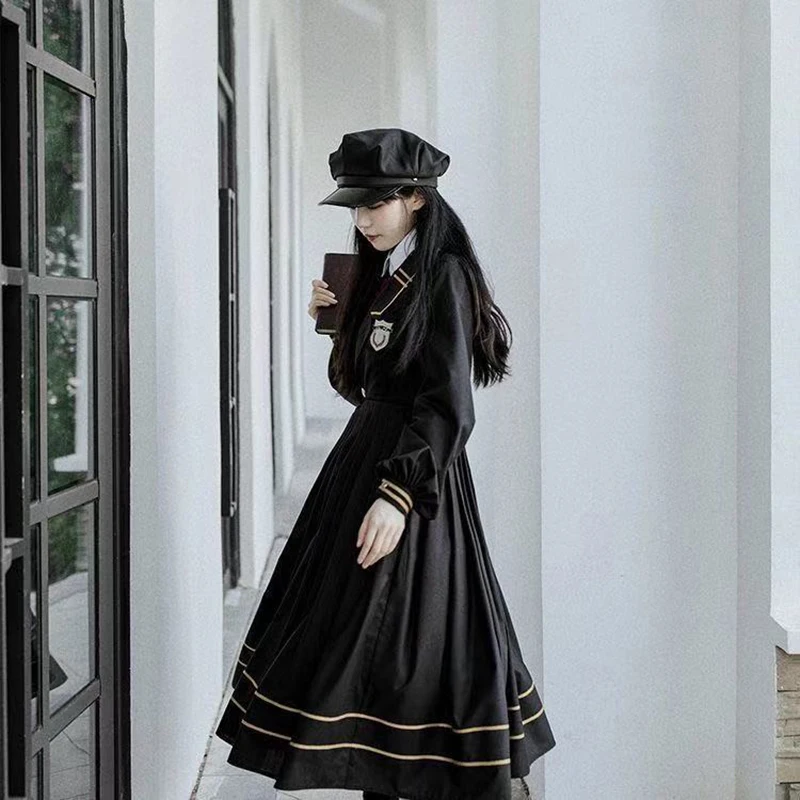 

Women JK Dress Autumn and Winter College Style Uniform Black Stripe Stitching Korean Long Sleeve oversize Dress
