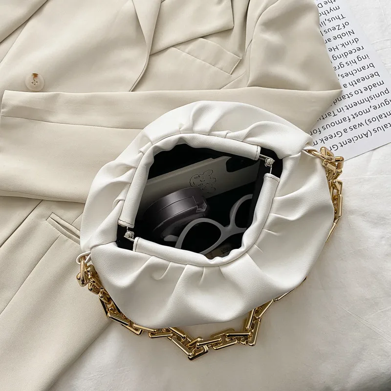 

Elegant Pleated Dumpling Shoulder Women's Handbag Luxury Designer Soft Leather Tote Bags Lady Thick Gold Chain Clutch Cloud Bag