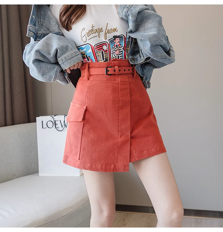 Trytree Autumn Women Casual Empire Short Skirt 5 Colour A-line Fashion Elegant Pockets Button Belt Mini Office Lady Short Skirt