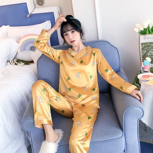 C Q 904 Осенняя Шелковая пижама с длинным рукавом для женщин pijama mujer, милый пижамный комплект с мультяшным принтом, домашняя одежда, длинные штаны, сексуальные пижамы - Цвет: C Q 904