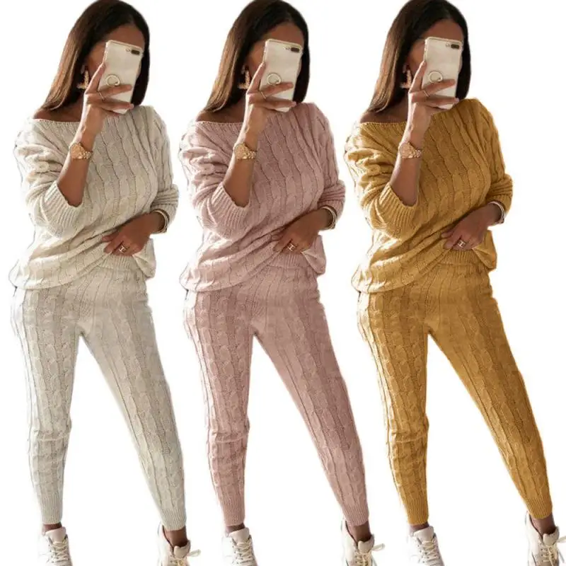Sweater Set Women Tracksuit Spring Autumn Knitted Suits 2 Piece Set Warm Turtleneck Sweater Pullovers Wide Legs Pants