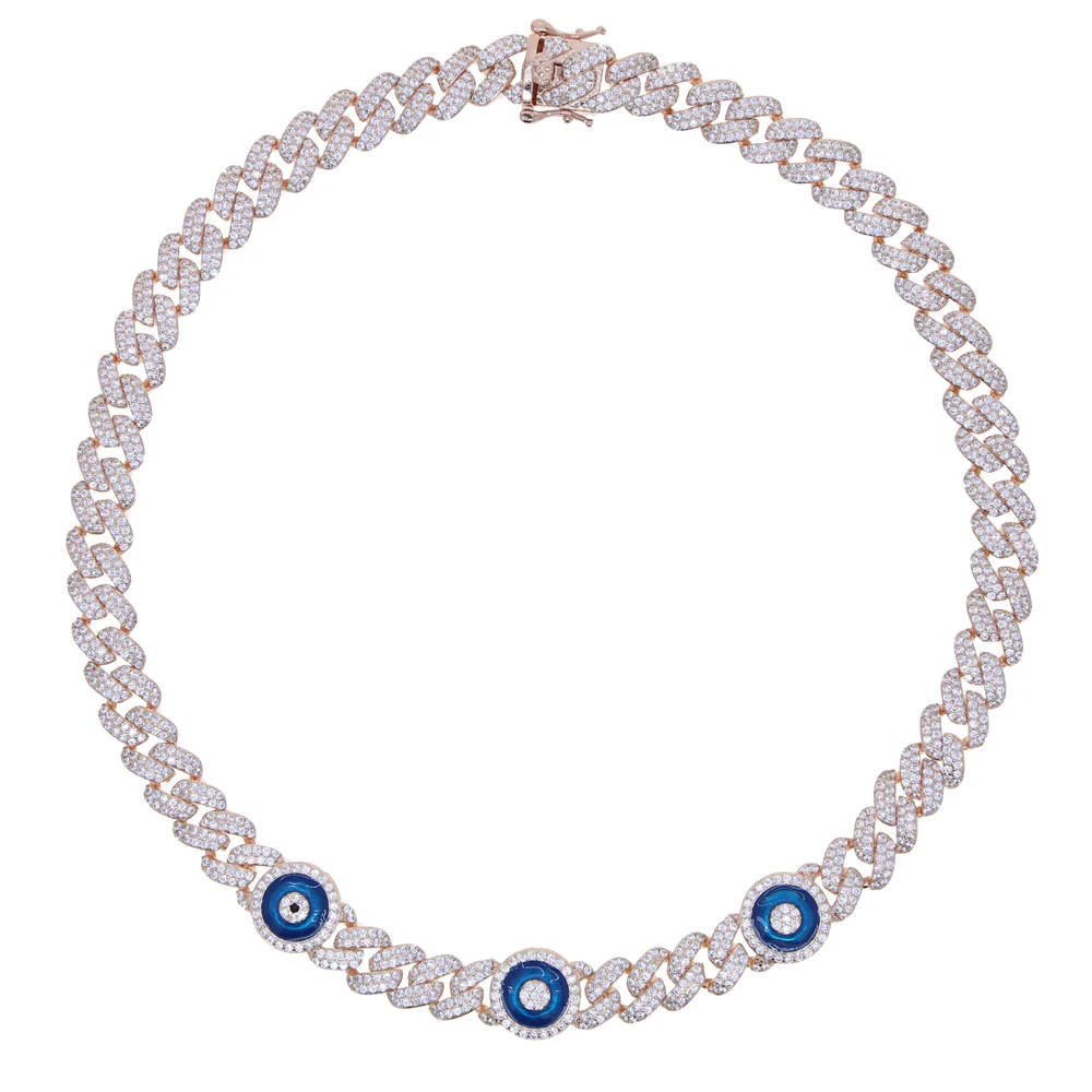 

Цепочка-чокер из кубинской цепи с цирконом, ожерелье в стиле хип-хоп с синей эмалью и глазами, украшение для свадебной вечеринки, ширина 9 мм