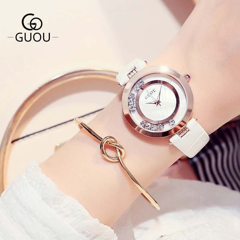 

GUOU Elegant Women Waterproof CZ Wrist Watch Rose Gold Plated Luxury Ladies Wristwatches with Leather Strap Band Rhinestone Dial
