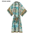 Богемное длинное кимоно с V-образным вырезом и цветочным принтом павлина, рубашка в этническом стиле с поясом, длинный кардиган в стиле бохо, блузка с бантом
