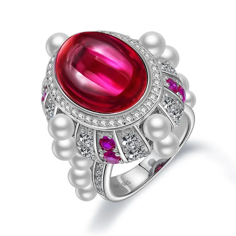 

Jazaz Luxury Top Quality 100% Solid 925 Sterling Silver 13x18MM Ruby Pearl Gemstone Rings Wedding Anniversary Ring Gift B1055