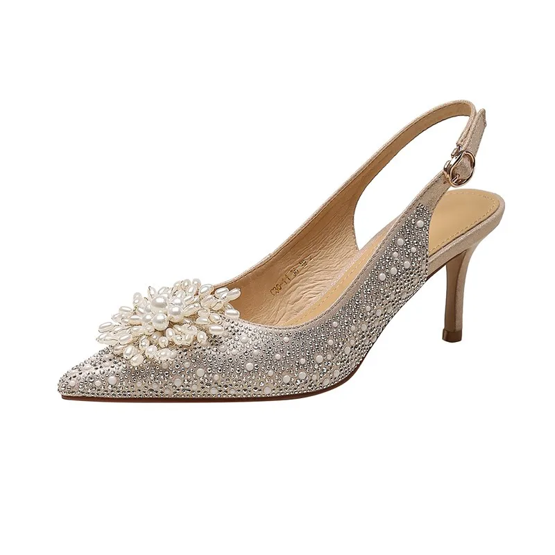 

2021 New Luxury Designers Women Sandals Summer Microfiber Rhinestone Bling Pointed Toe Bead Flower Ladies Wedding Party Shoes