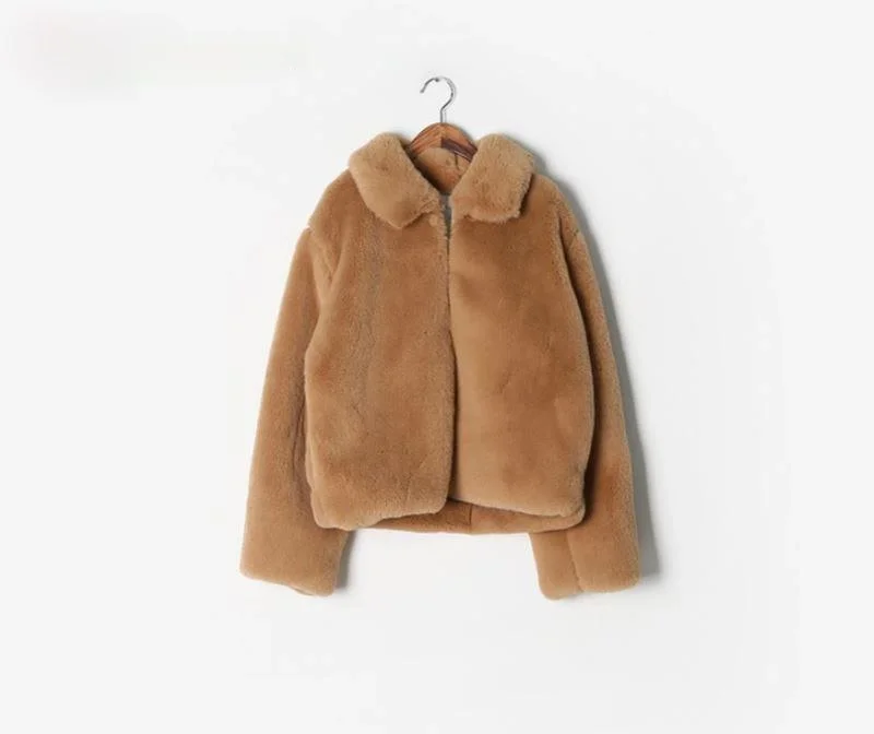 

Winter Warm Solid Color Plush Coat Artificial Fur Coat Lapel Loose Short Casual Coat Turn-down Collar Fashion Streetwear Women
