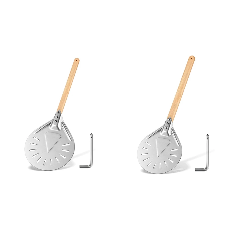

Turning Pizza Peel Perforated Aluminum Pizza Peel and Oval Shape Detachable Wooden Handle Pizza Paddle for Baking