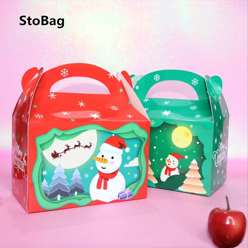 

StoBag 24pcs/lot 15.5x9x16.5cm Handle New Year Gift Packaging Boxes Child Favor Biscuit Chocolate Decoration Christmas Specially
