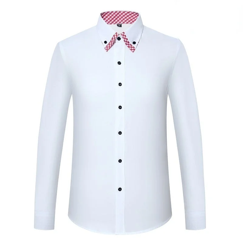 Men's Casual Shirts Long Sleeve Tops Autumn White Shirt Business Double-Layer Collar Korean Fashion Shirt Men Retro Clothes Blue
