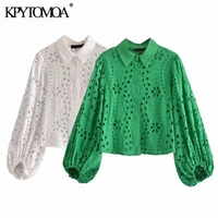 kpytomoa women 2021 fashion hollow out embroidery cropped green blouses vintage lantern sleeve button up female shirts chic tops