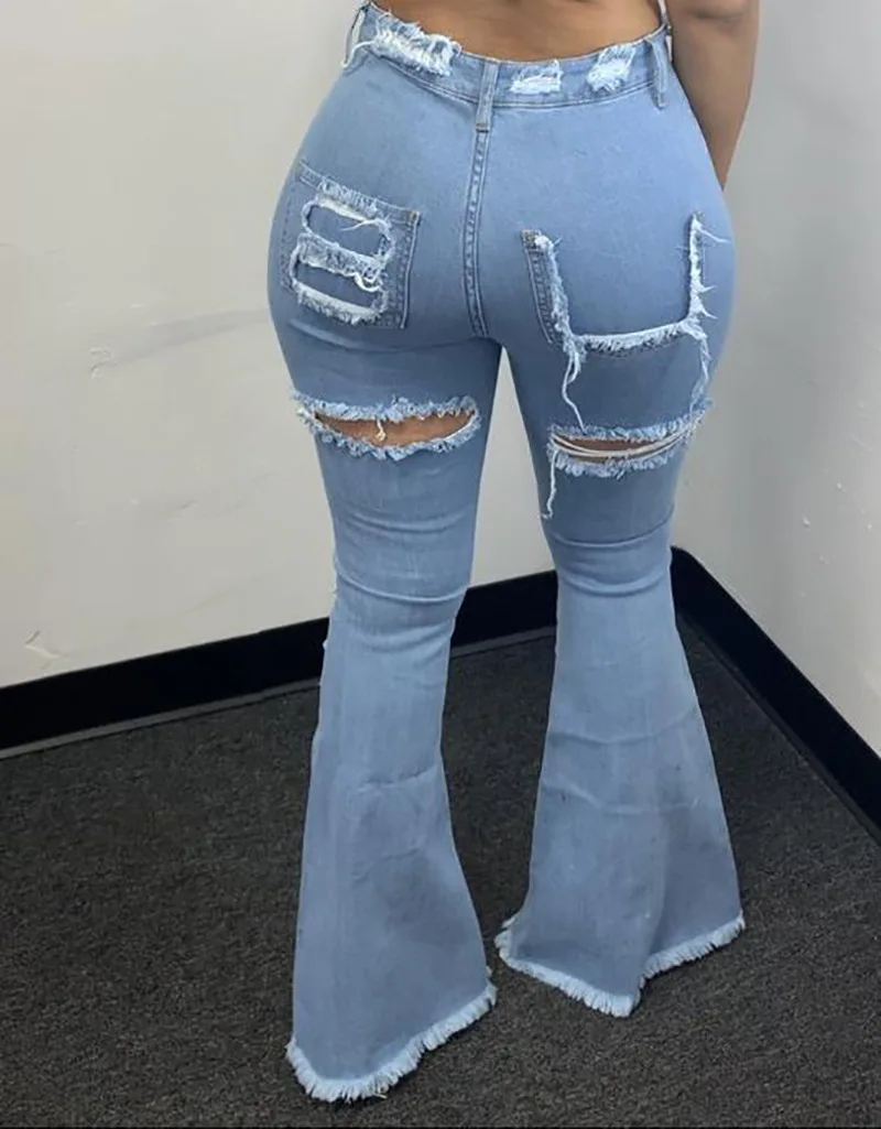 FNOCE 2020 autumn new women's ripped jeans pants street fashion trend high waist hole retro tight high stretch denim Flare Pants
