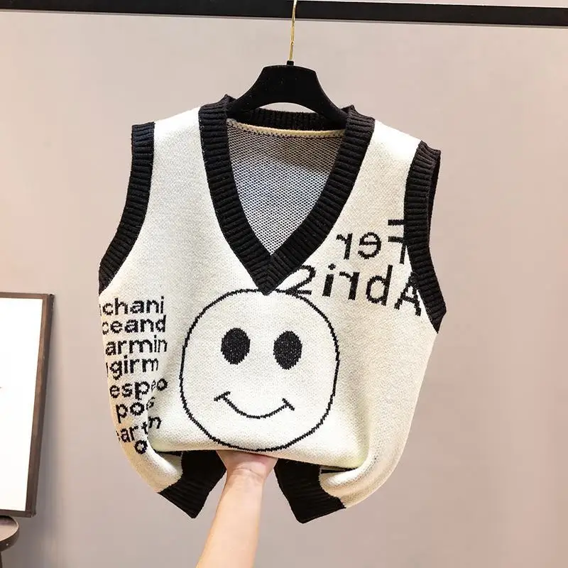 

Urifens Spring And Autumn New Style Knitted Vest Korean Ladies Cartoon Smiley Women's Sweater Casual Cotton Tops CYQ0193