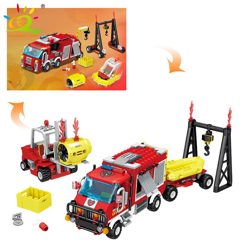 

HUIQIBAO 412Pcs Fire Fighting Trucks Spraying Car Station Building Blocks City Rescue Firefighter Figures Bricks Toys For Child